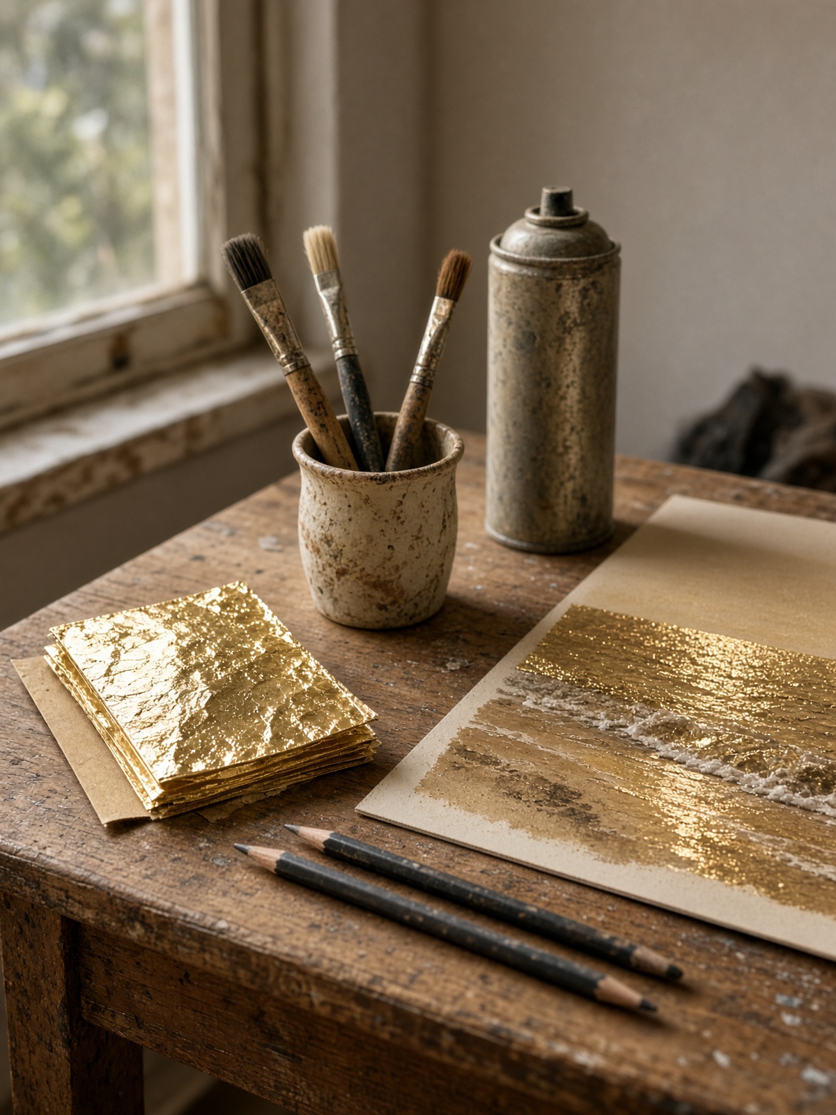 Studio table with gold leaf, brushes, and a beach painting